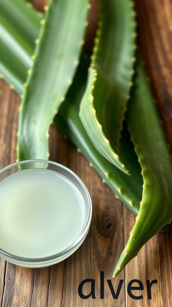 Aloe vera leaves and a bowl of aloe vera gel on a wooden surface