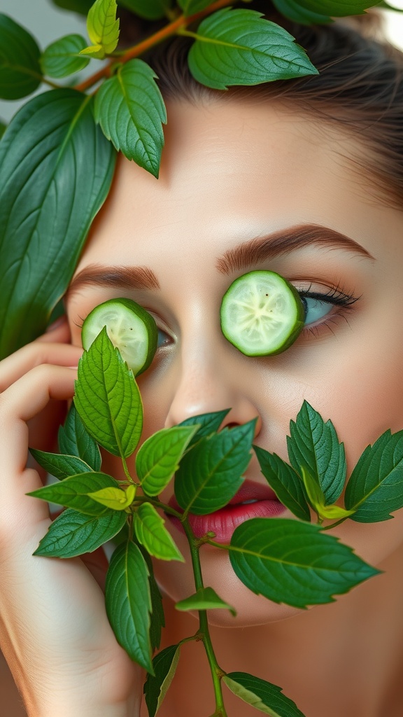 A person with cucumber slices on their eyes, surrounded by green leaves, symbolizing hydration and skincare.
