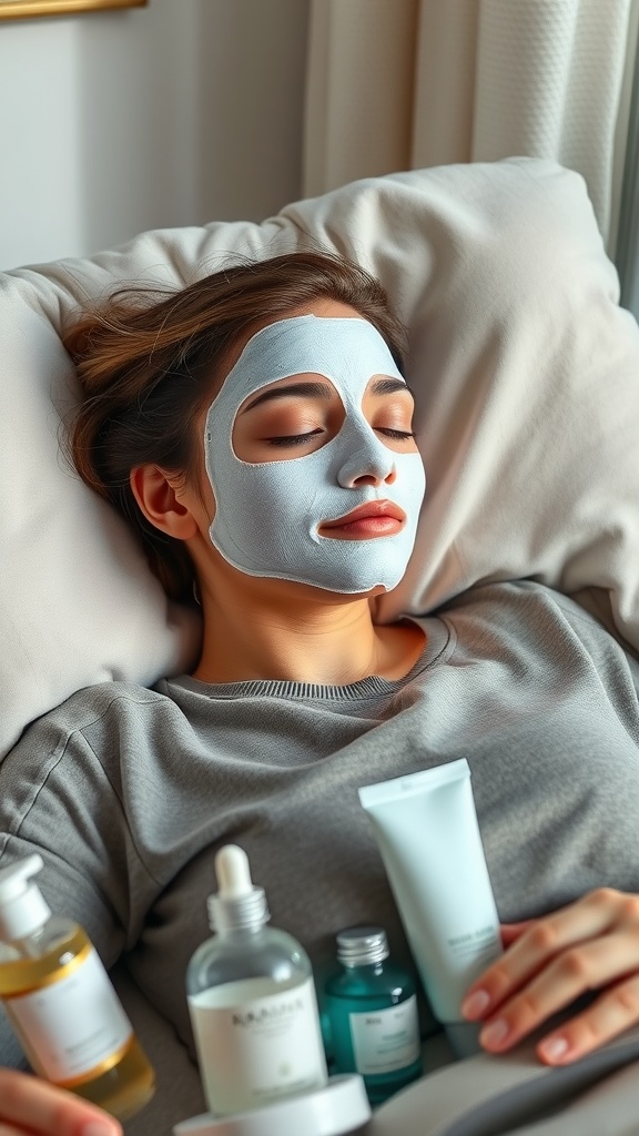 A person applying a hydrating face mask while surrounded by skincare products.