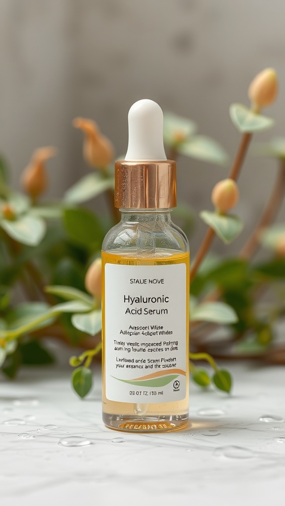 A clear glass bottle of hyaluronic acid serum with a dropper, surrounded by green leaves, signaling hydration for oily skin.