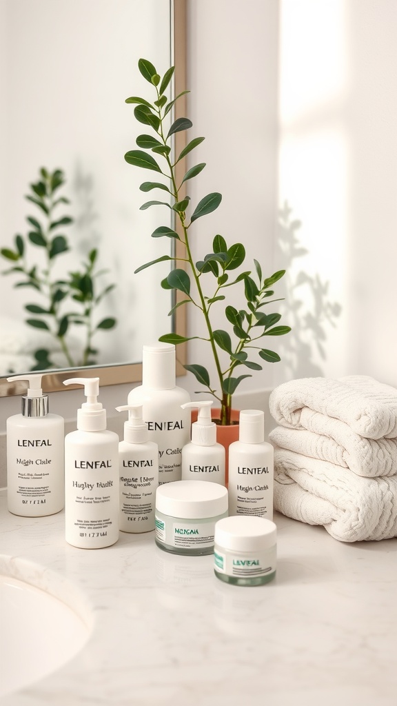 A neatly arranged collection of skincare products on a bathroom counter, featuring various moisturizers and a small green plant in the background.