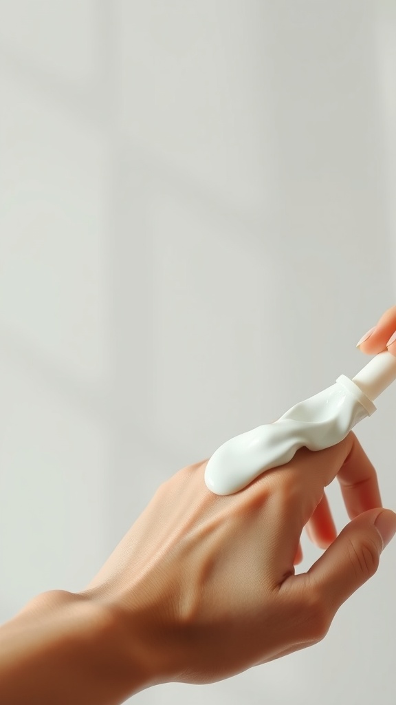 A hand holding a tube of moisturizer with a dollop of cream on the finger.