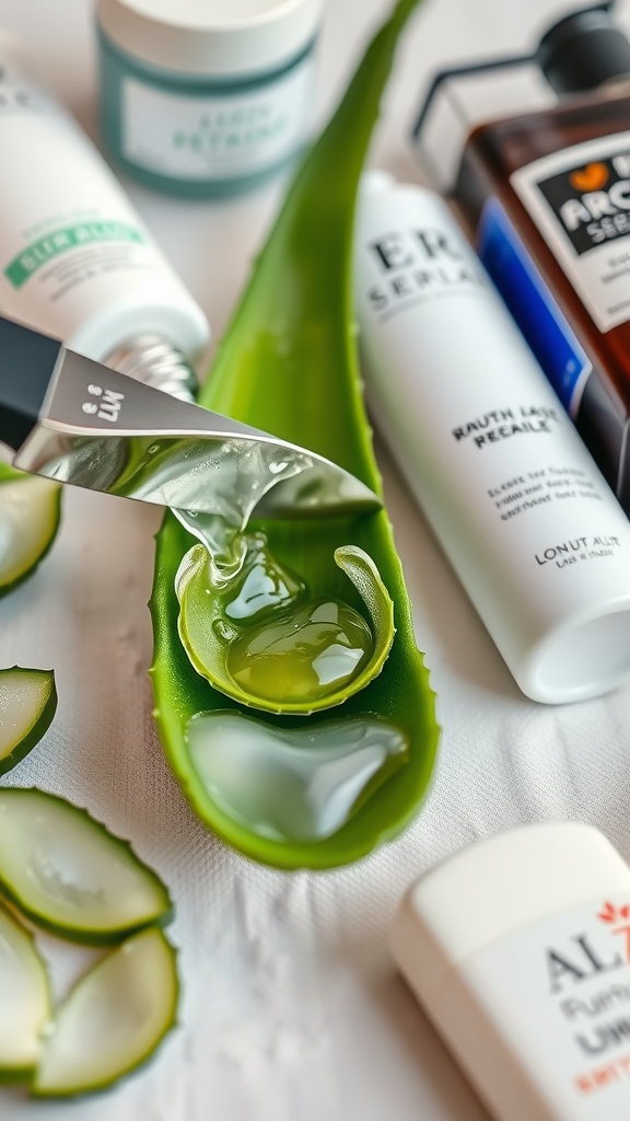Aloe vera leaf with gel, surrounded by various skincare products.
