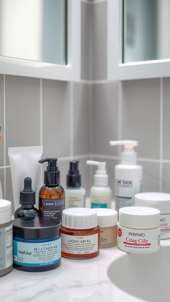 Various skincare products arranged on a bathroom counter, including moisturizers and serums.