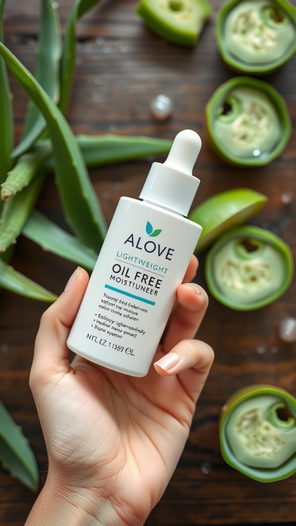 A hand holding a lightweight oil-free moisturizer next to sliced aloe vera on a wooden surface.