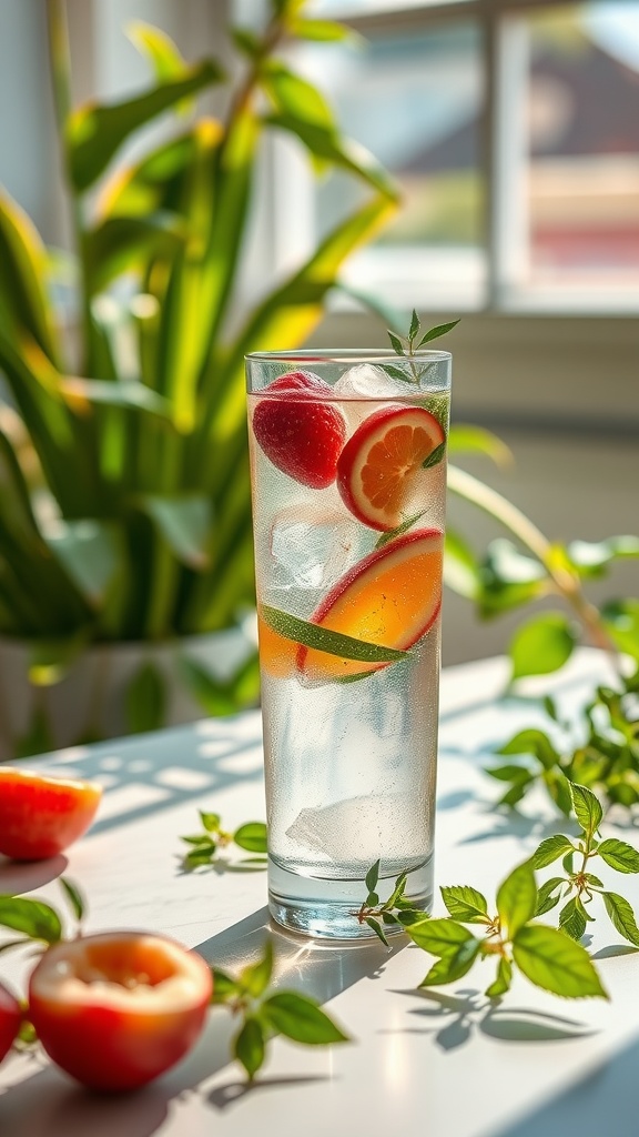 A refreshing glass of fruit-infused water with mint leaves, surrounded by fresh fruits and greenery.