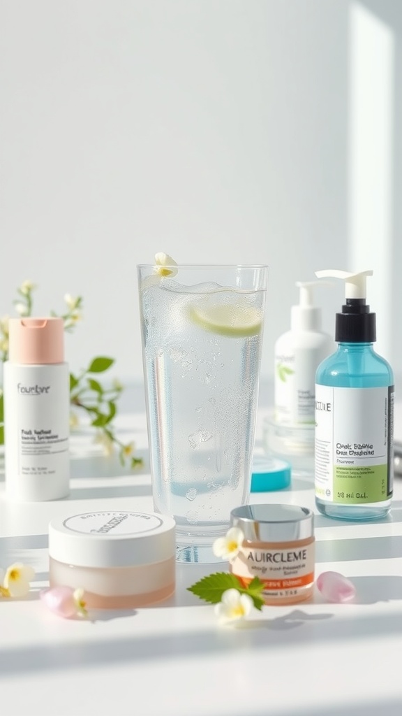 A glass of water with lemon, surrounded by skincare products