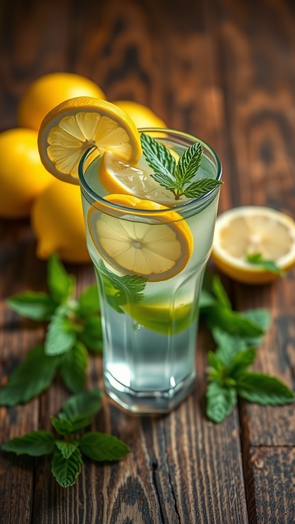 A glass of lemon water garnished with mint leaves, surrounded by fresh lemons on a wooden table.