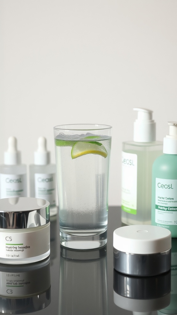A glass of water with lime slices, surrounded by various skincare products on a reflective surface.
