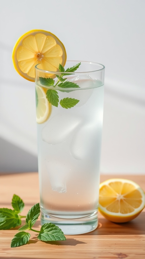 A refreshing glass of lemon mint water with ice, garnished with a lemon slice and mint leaves.