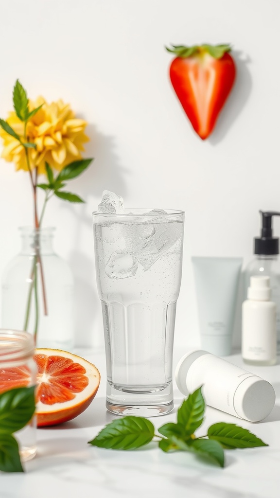 A refreshing glass of water with ice, surrounded by a grapefruit, a flower, and skincare products.