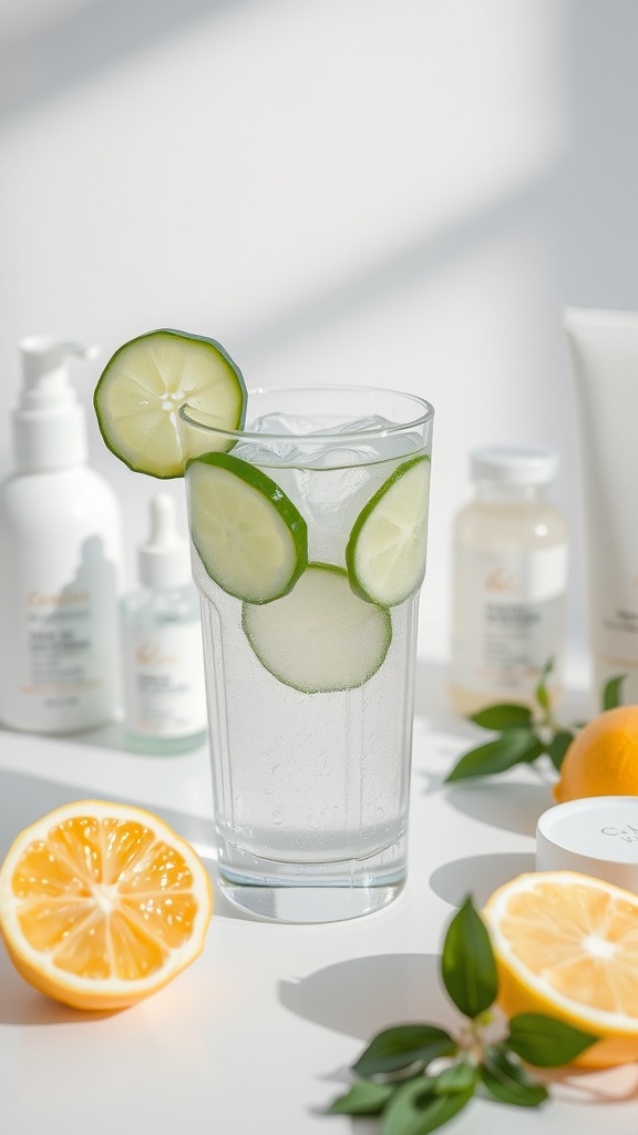 A refreshing glass of water with lemon and cucumber slices, surrounded by skincare products and fresh citrus fruits.