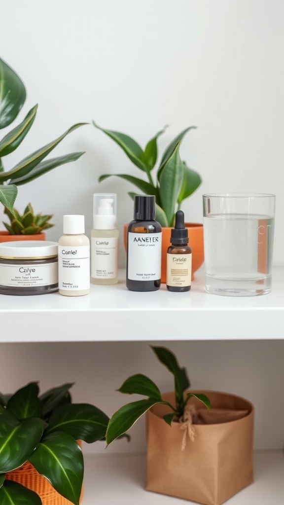 A collection of affordable skincare moisturizers on a shelf surrounded by green plants.
