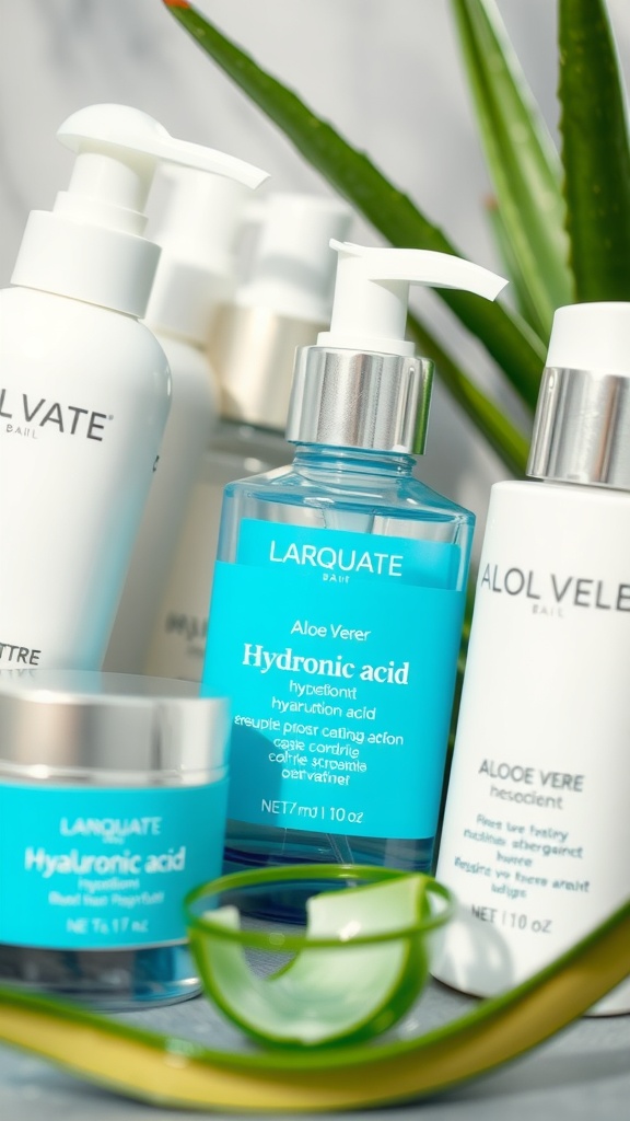 Skincare products featuring hydration-boosting ingredients like aloe vera and hyaluronic acid.