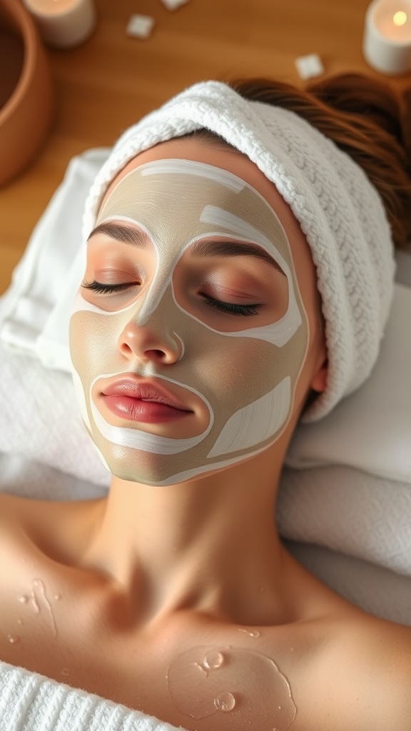 A person with a hydrating mask on their face, relaxing in a cozy setting with candles and a headband.