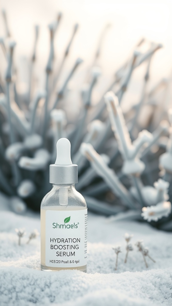 A bottle of Hydration Boosting Serum placed on snow with frosty plants in the background.