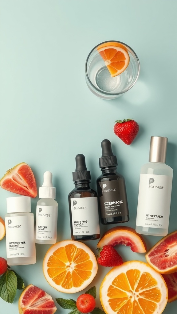A variety of hydration boosting serums arranged with fresh fruits on a light blue background.
