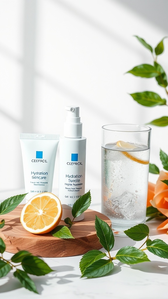 Skincare products and a glass of water with a lemon slice on a wooden surface, emphasizing hydration.