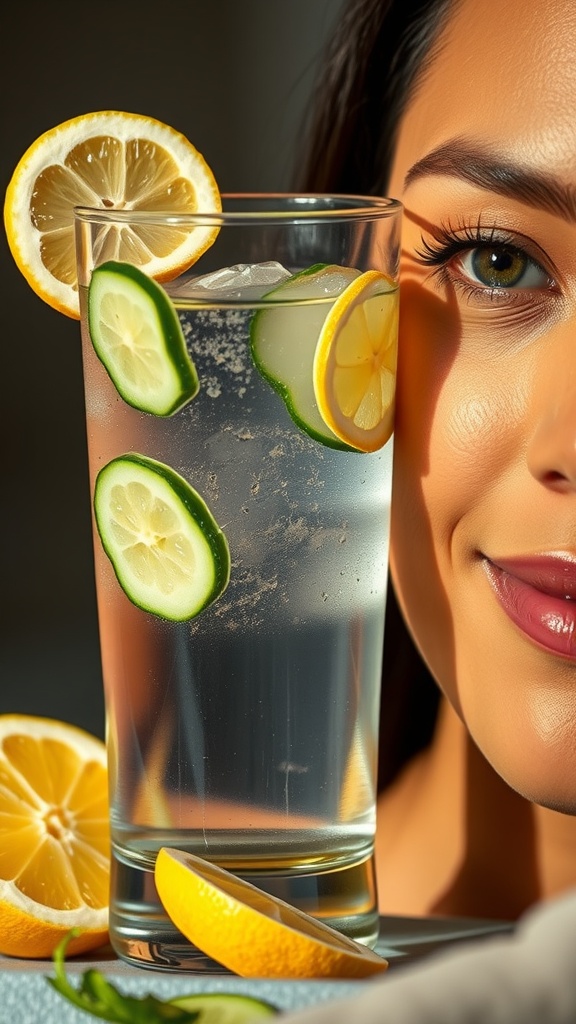 A refreshing glass of infused water with lemon and cucumber slices, next to fresh lemon wedges, highlighting hydration benefits for healthy skin.