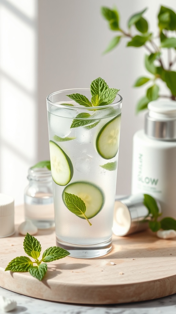 A glass of cucumber and mint infused water on a wooden surface, with skincare products in the background.