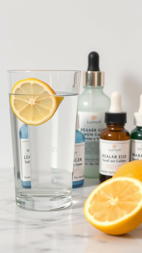 A glass of water with a lemon slice next to various skincare products, emphasizing hydration for skin health.