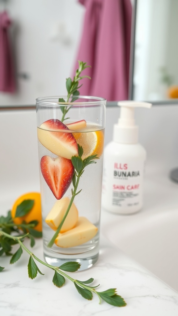 A glass of fruit-infused water with strawberries, apples, and herbs on a bathroom counter.