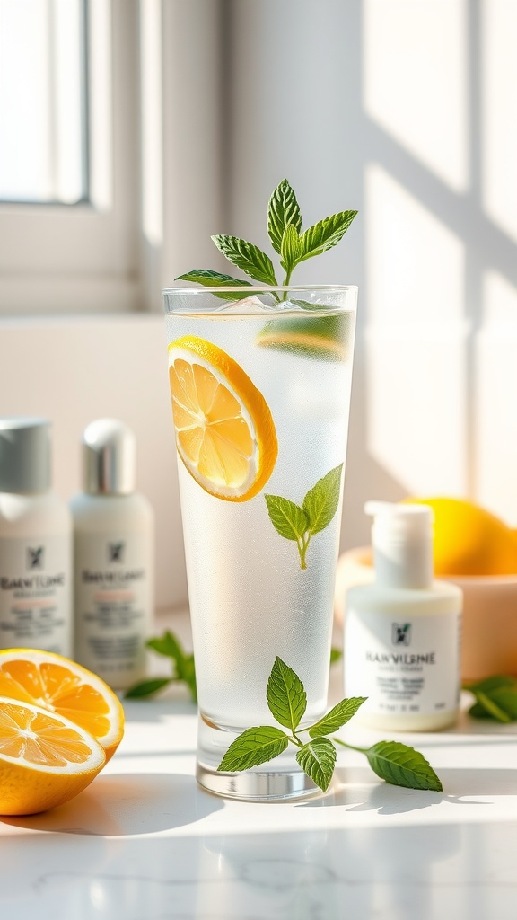 A refreshing glass of lemon and mint-infused water, surrounded by lemons and skincare products, symbolizing hydration for healthy skin.