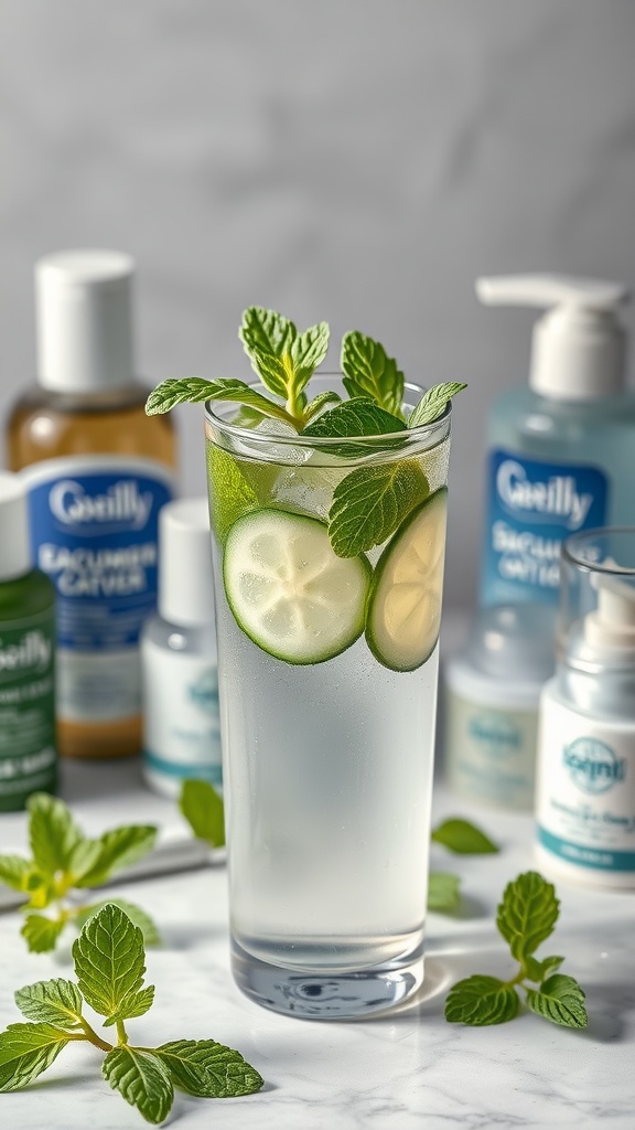 A refreshing drink with mint and cucumber in a glass, surrounded by skincare products.