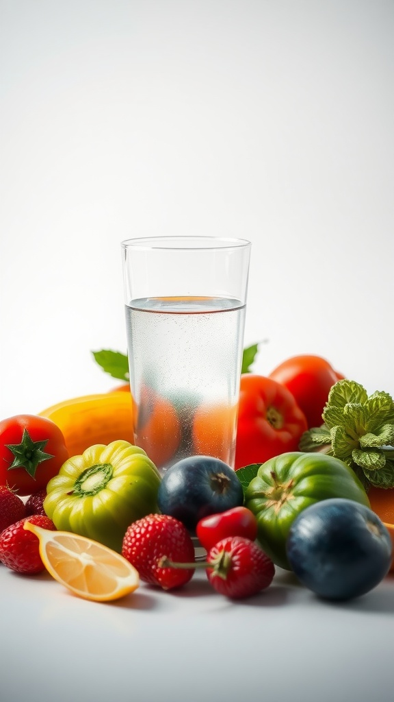 A glass of water surrounded by fresh fruits and vegetables, representing hydration for skin elasticity.