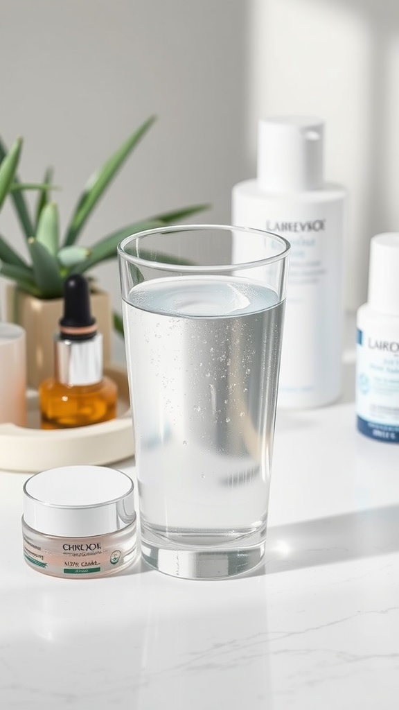 A refreshing glass of water next to skincare products, highlighting hydration for youthful skin.
