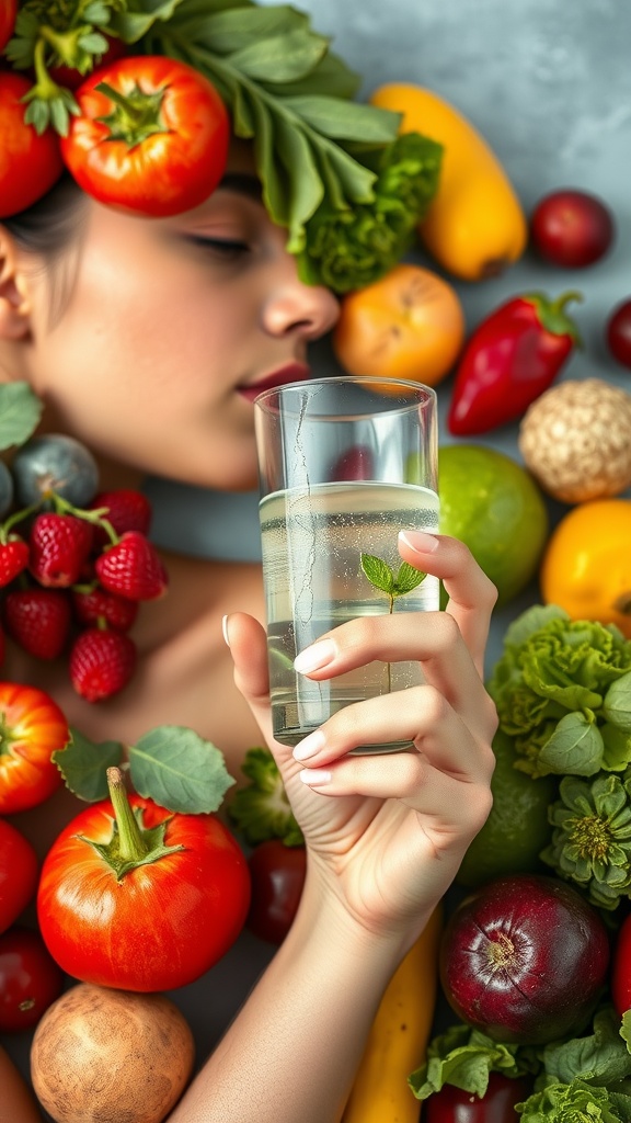 A woman holds a glass of water surrounded by various fruits and vegetables, emphasizing hydration for skin health.