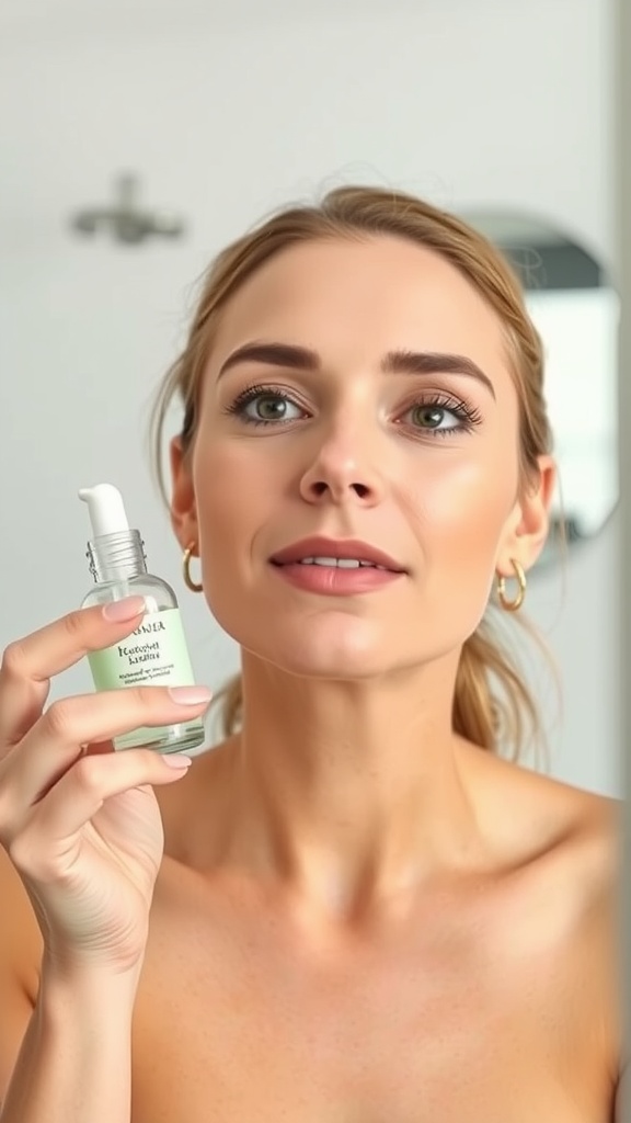A woman holding a hydrating serum in front of a mirror