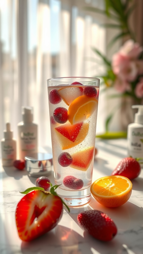 A refreshing glass of fruit-infused sparkling water with strawberries, raspberries, and an orange slice, surrounded by skincare products.
