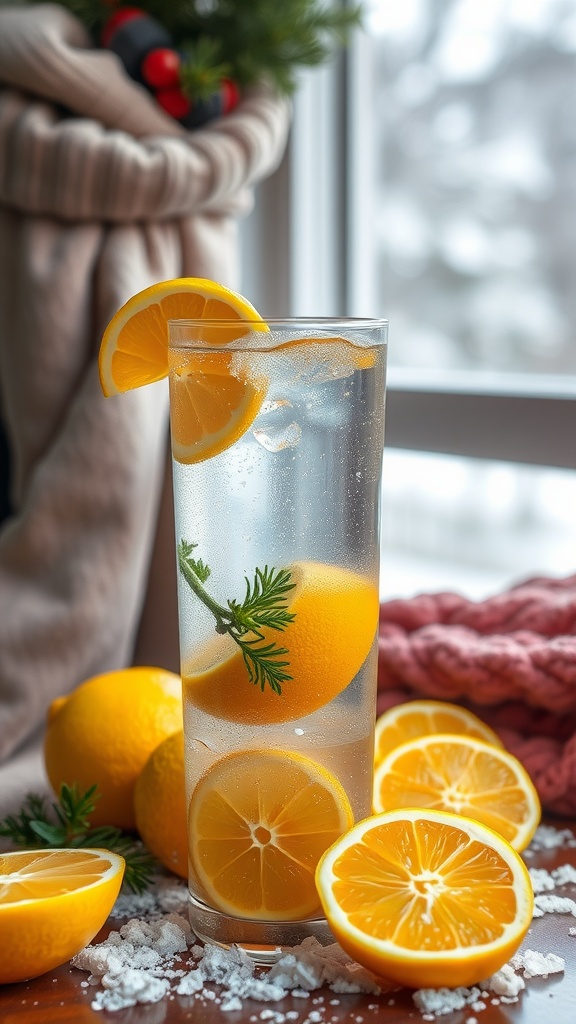 A glass of lemon-infused water with slices of lemon and greenery, surrounded by fresh lemons and a cozy blanket.
