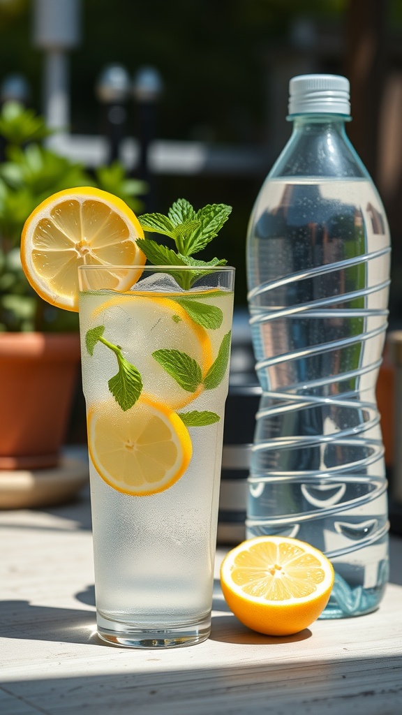 A tall glass of lemon and mint water, with a bottle of water beside it.