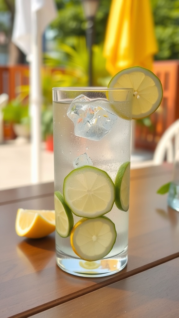 A refreshing glass of water with lemon and lime slices, surrounded by a sunny outdoor setting.