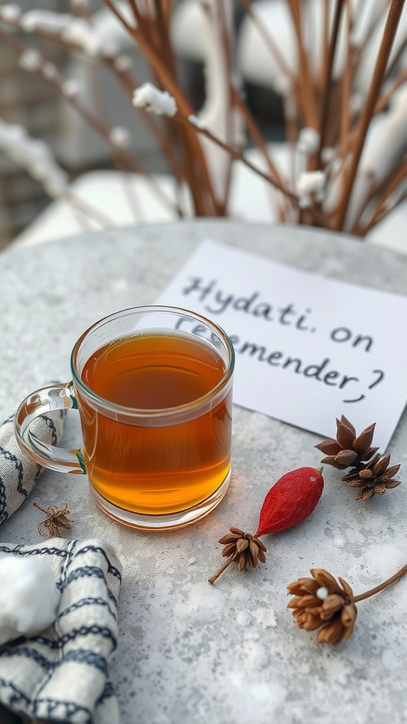 A clear glass of warm beverage on a table with a note about hydration.