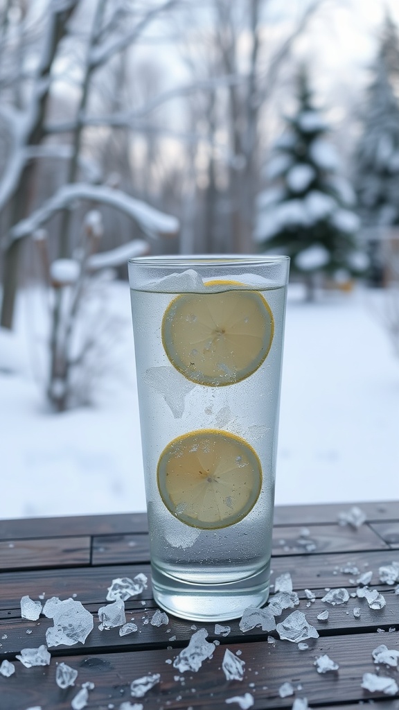 A glass of lemon water with ice on a wooden table in a snowy outdoor setting.