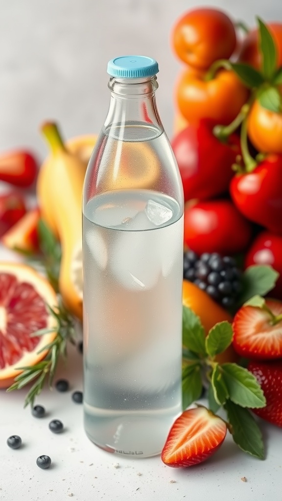 A bottle of water surrounded by various fruits and vegetables.