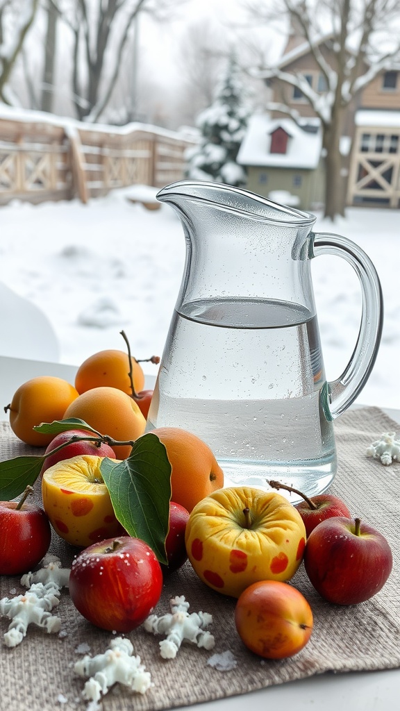 A pitcher of water with a variety of fruits on a wintery background.