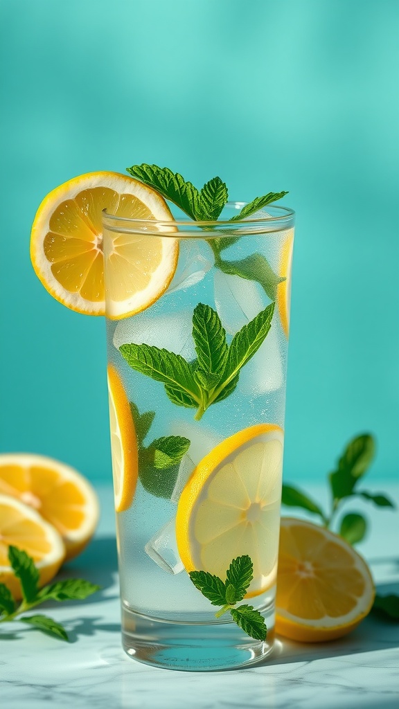 A glass of lemon-infused water with mint leaves, placed beside fresh lemon slices.