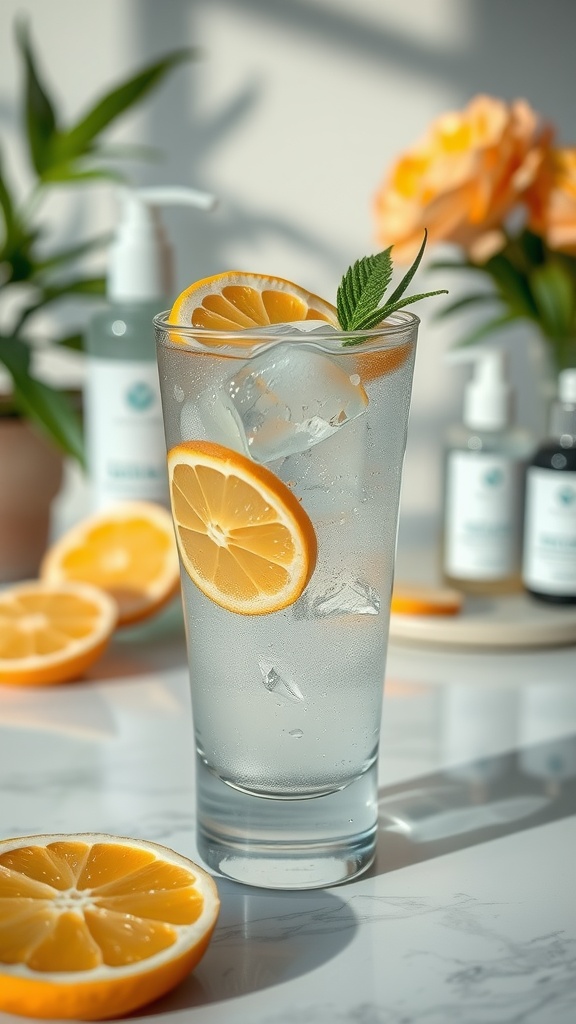 A refreshing glass of water with lemon slices, surrounded by skincare products and fresh lemon halves.