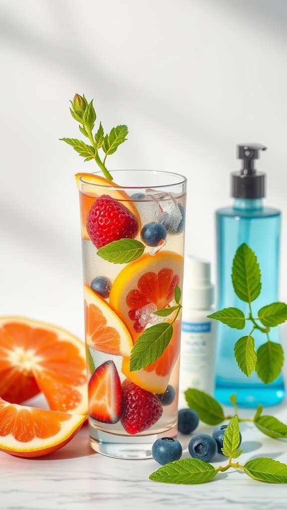 A refreshing glass of fruit-infused water with strawberries, blueberries, and citrus, alongside skincare products on a marble surface.