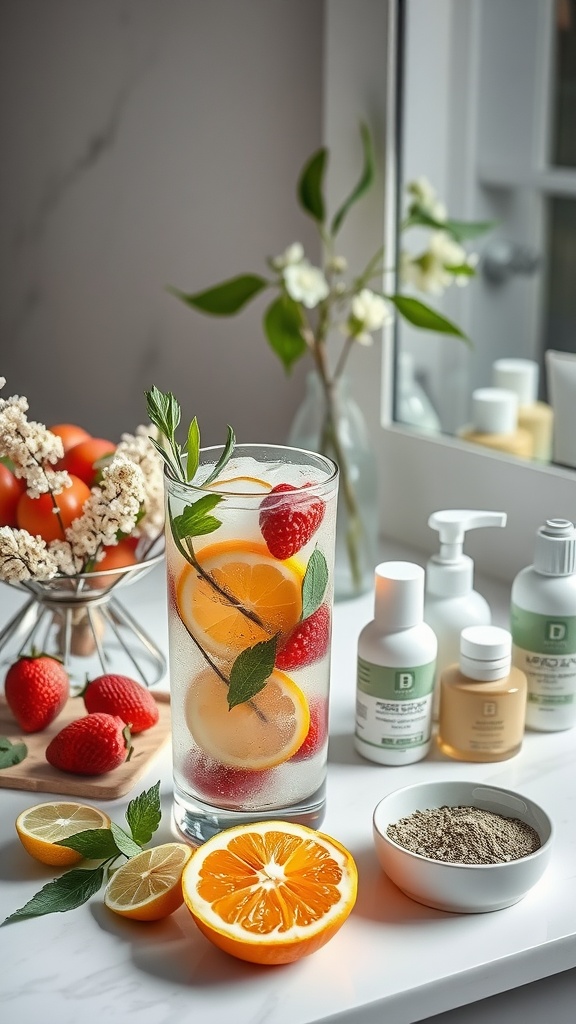 A glass of infused water with orange and strawberry slices, surrounded by skincare products and lemon halves on a marble surface.
