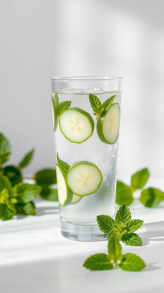 A glass of cucumber and mint infused water with slices of cucumber and mint leaves