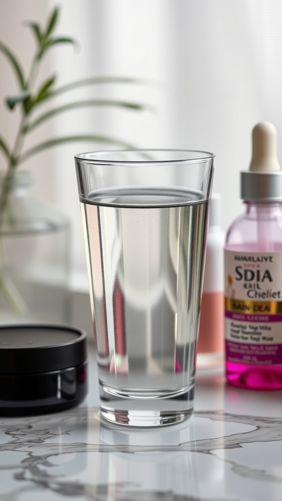 A clear glass of water beside skincare products on a marble surface