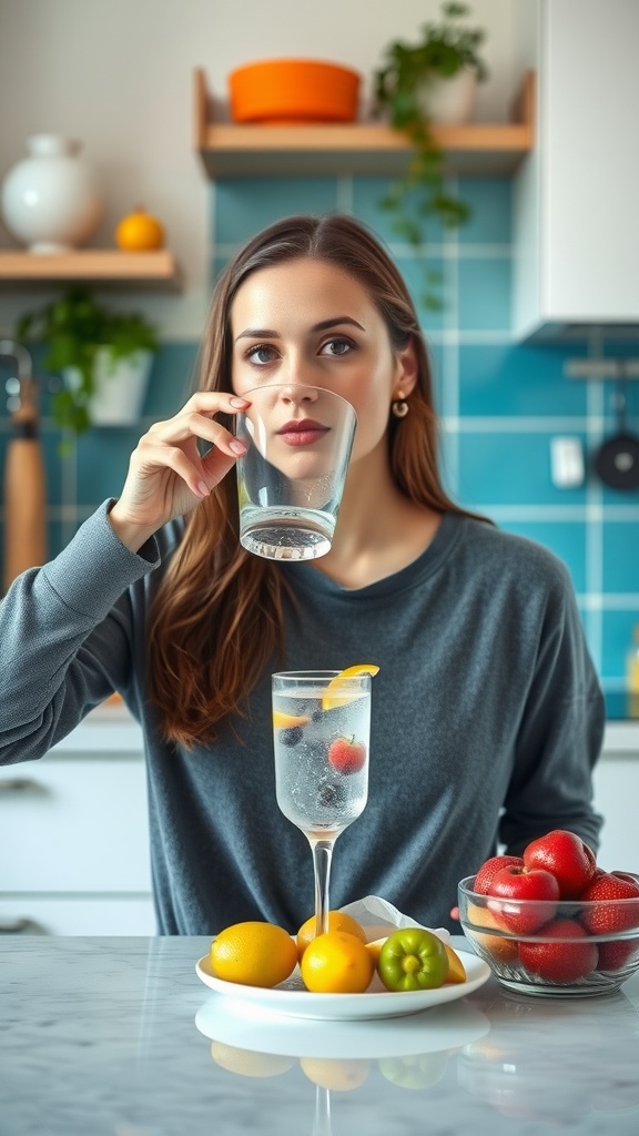 A woman drinking water with fruits, emphasizing hydration for healthy skin.