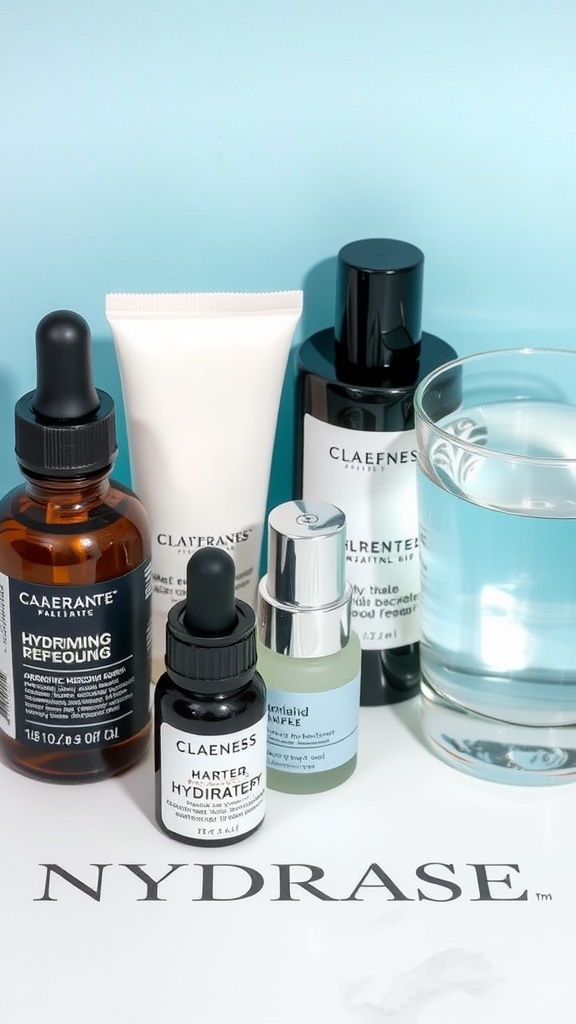 A collection of skincare products including serums and a moisturizer, alongside a glass of water.