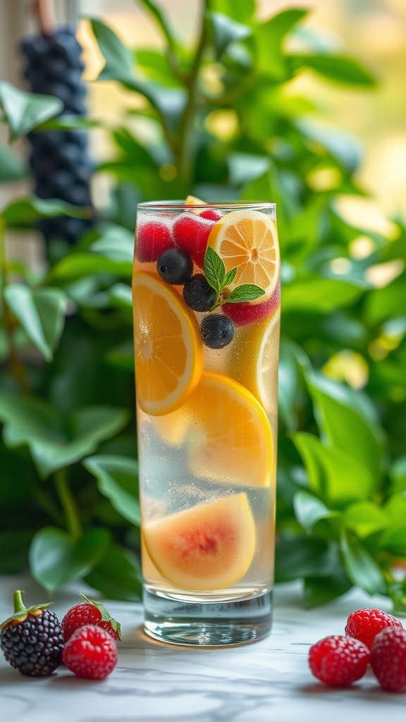 A refreshing drink with lemon slices, raspberries, blueberries, and peach in a glass surrounded by green leaves.