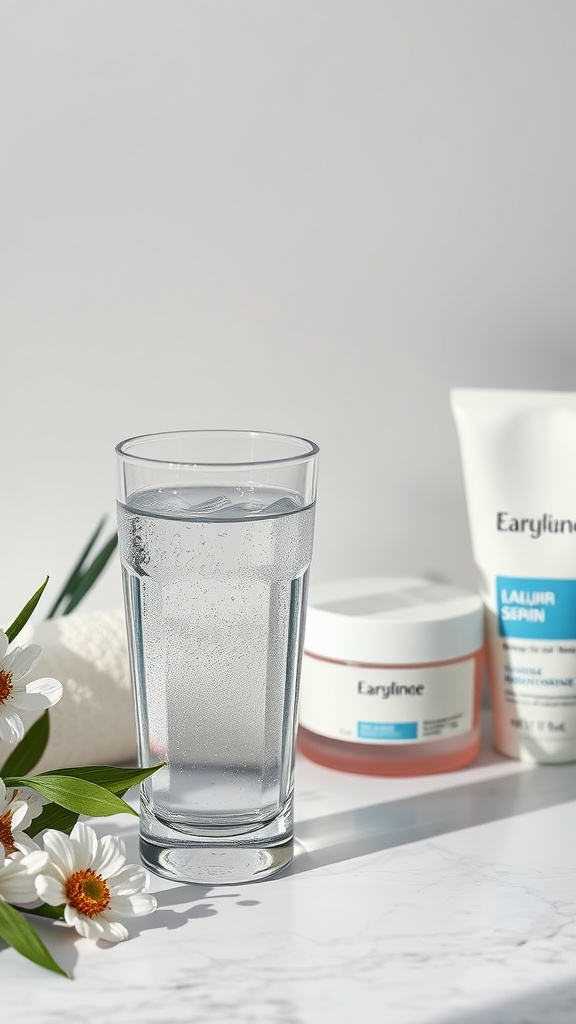 A glass of water with skincare products and flowers, emphasizing hydration for skin health.